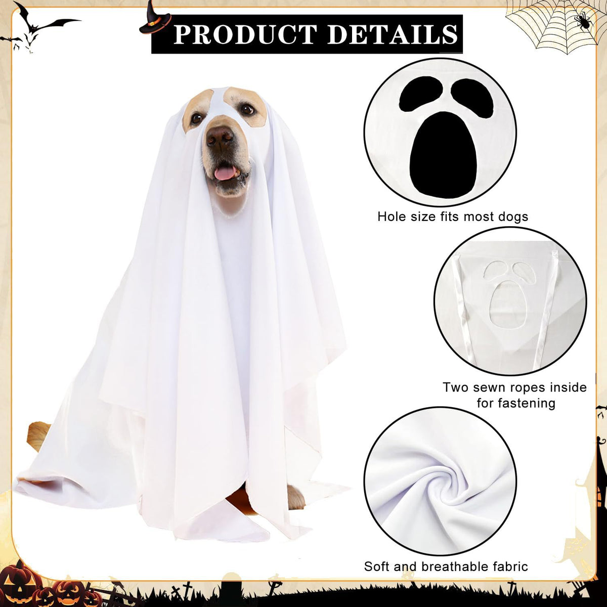 Halloween Ghost Dog Costume Cape, Pet Cosplay Cloak For Small Dogs Cats Halloween Party Outfit