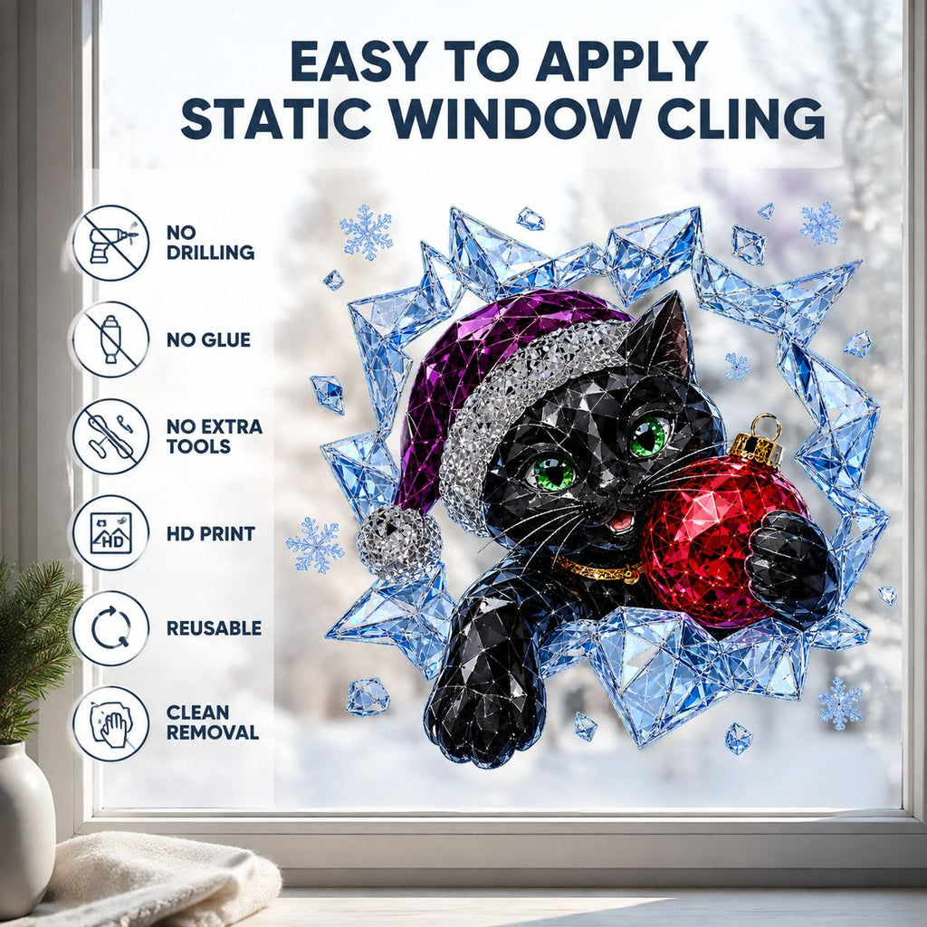 Diamond Facet Black Cat Christmas Window Sticker, Santa Hat Red Ball Adhesive Free Glass Decor