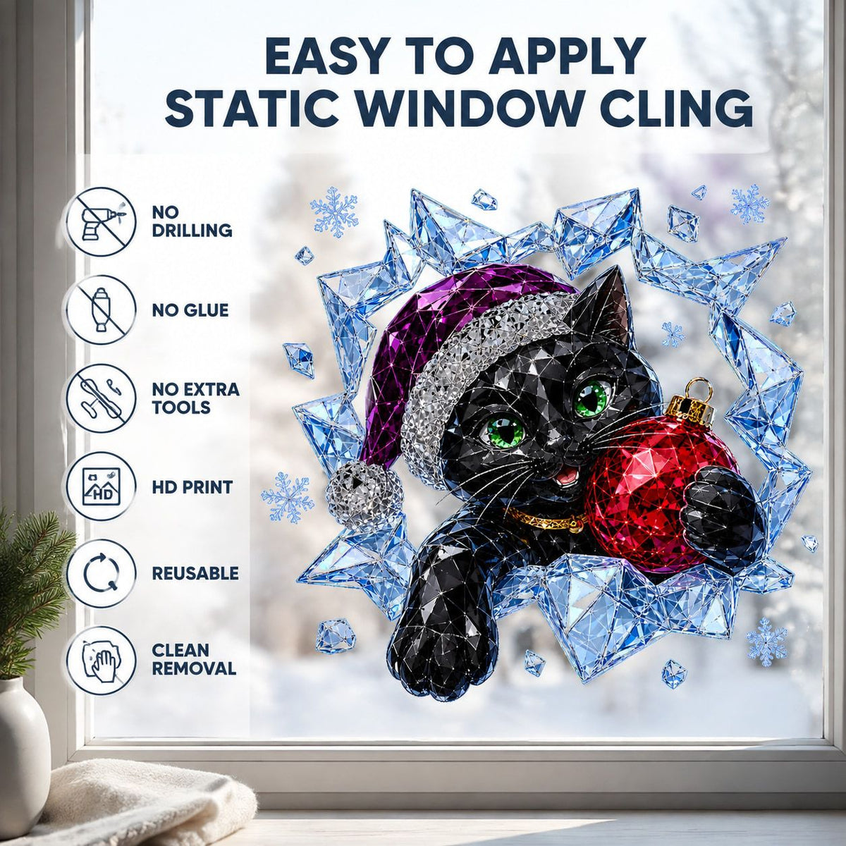 Diamond Facet Black Cat Christmas Window Sticker, Santa Hat Red Ball Adhesive Free Glass Decor