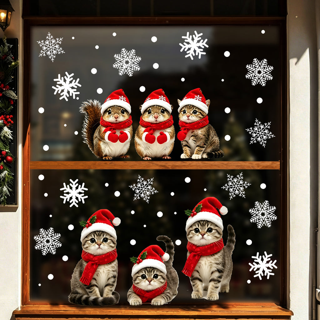 Winter Christmas Cozy Static Glass Stickers, Squirrel And Kitten Window Decals For Bedroom Balcony Windows
