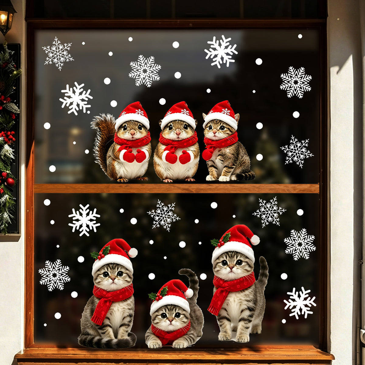 Winter Christmas Cozy Static Glass Stickers, Squirrel And Kitten Window Decals For Bedroom Balcony Windows