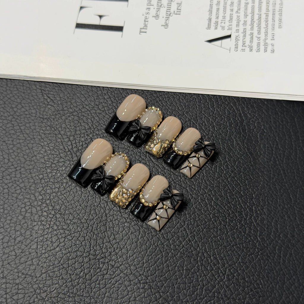 Square Black French Press on Nails Handcrafted