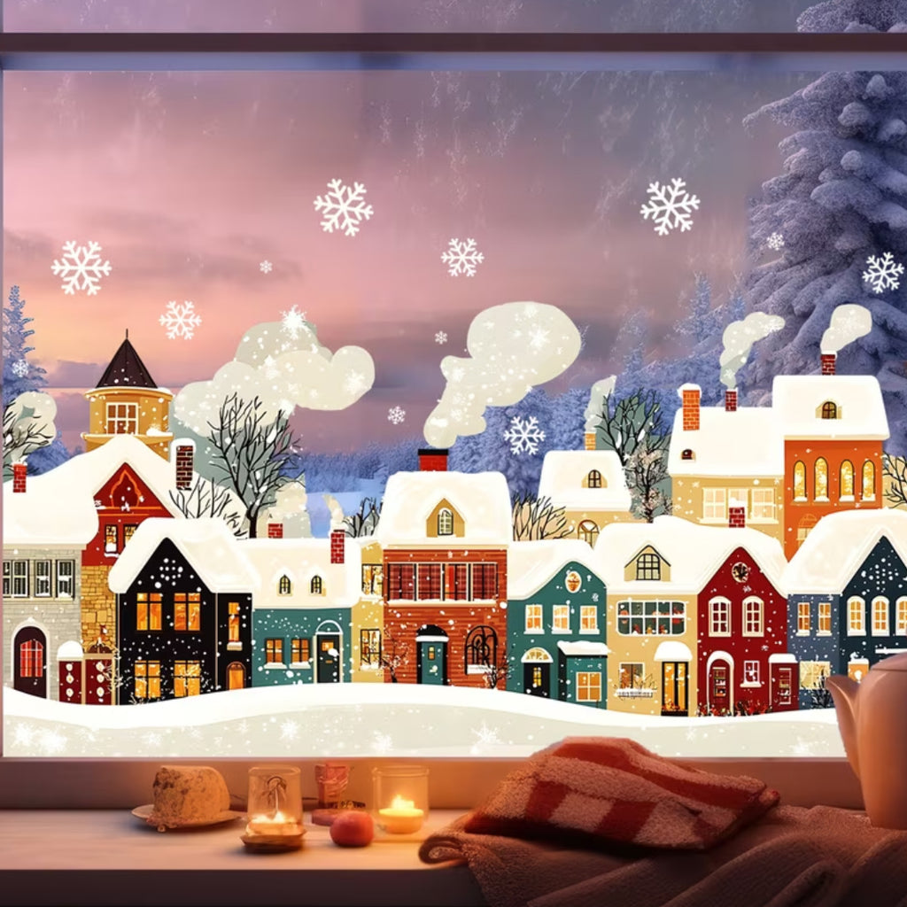 Christmas Village Snow Scene Window Stickers, European Town Static Cling for Home Storefront Glass