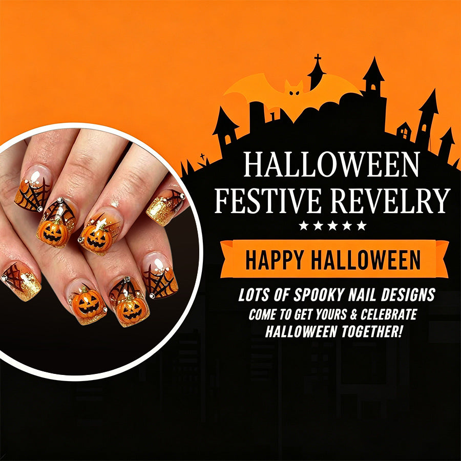 Halloween Press On Nails Short Square Orange Glitter Pumpkin Spider Web Glossy 24 Pcs Set
