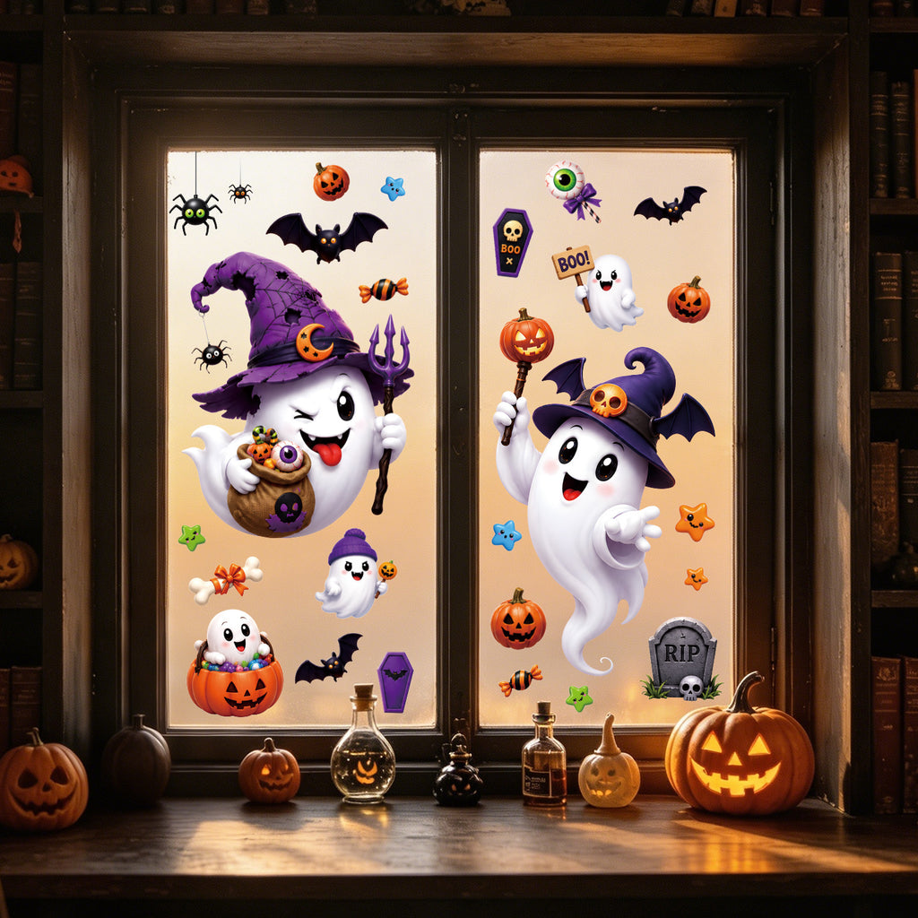 Halloween Cute Ghost Pumpkin Bat Window Clings, No Glue Removable Glass Stickers