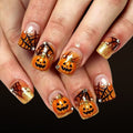 Halloween Press On Nails Short Square Orange Glitter Pumpkin Spider Web Glossy 24 Pcs Set