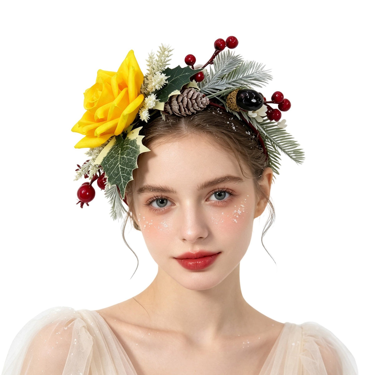 Christmas Rose Berry Headband, Faux Flower Hair Hoop for Girls Party Photo Accessories