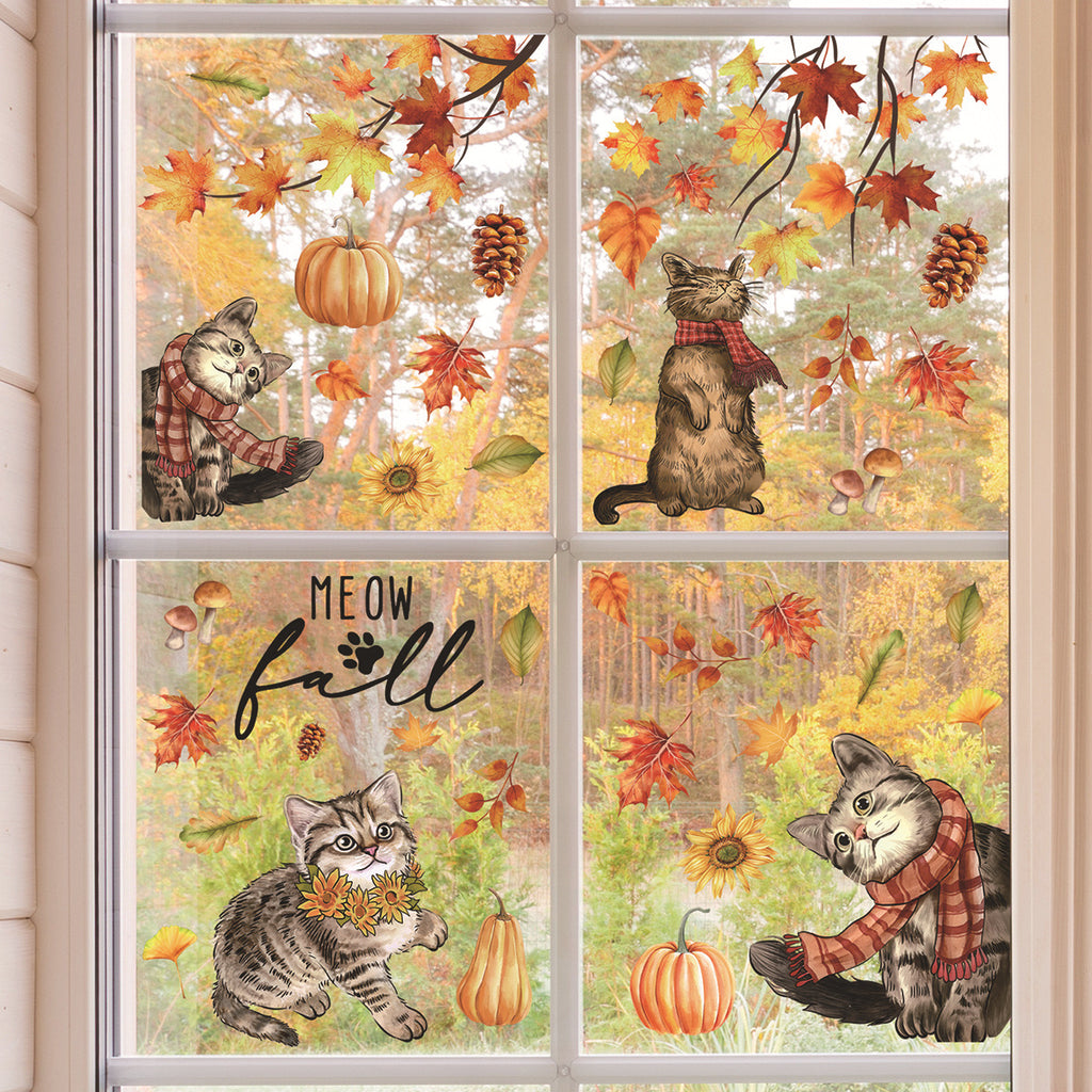 Fall Theme Maple Leaf Cat Pumpkin Window Clings, Static Home Decor Stickers
