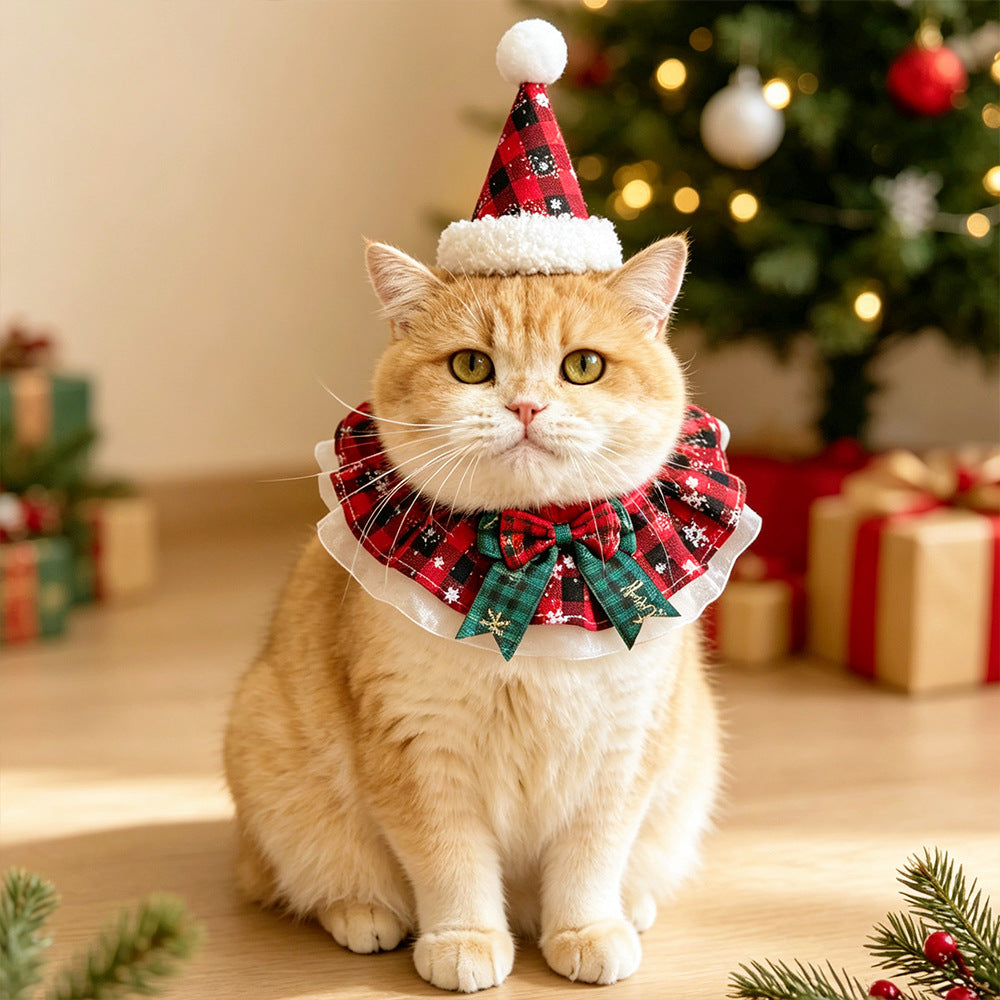 Christmas Pet Hat and Scarf Set for Cats and Small Dogs, Holiday Collar Accessories
