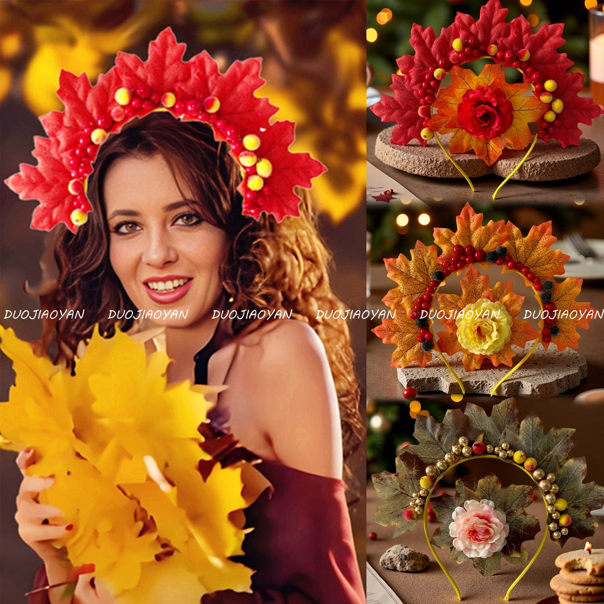 Faux Maple Leaf Headband, Fall Harvest Yellow Red Leaf Hair Accessory For Thanksgiving