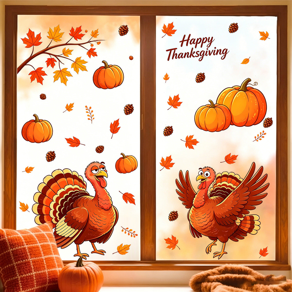 Thanksgiving Cartoon Turkey Window Clings Static Cling Sticker Set Living Room Glass Decorations