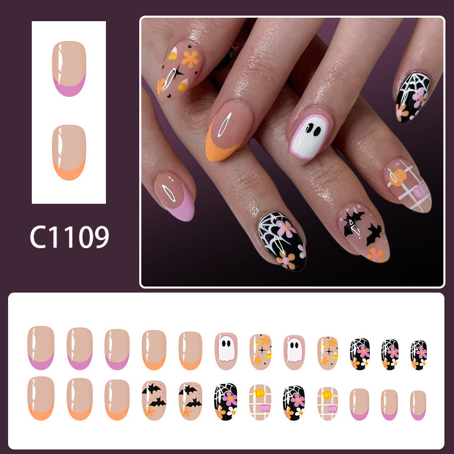 Halloween French Press On Nails Short Oval Ghost Bat Pumpkin Plaid Flower 24 Pcs Set