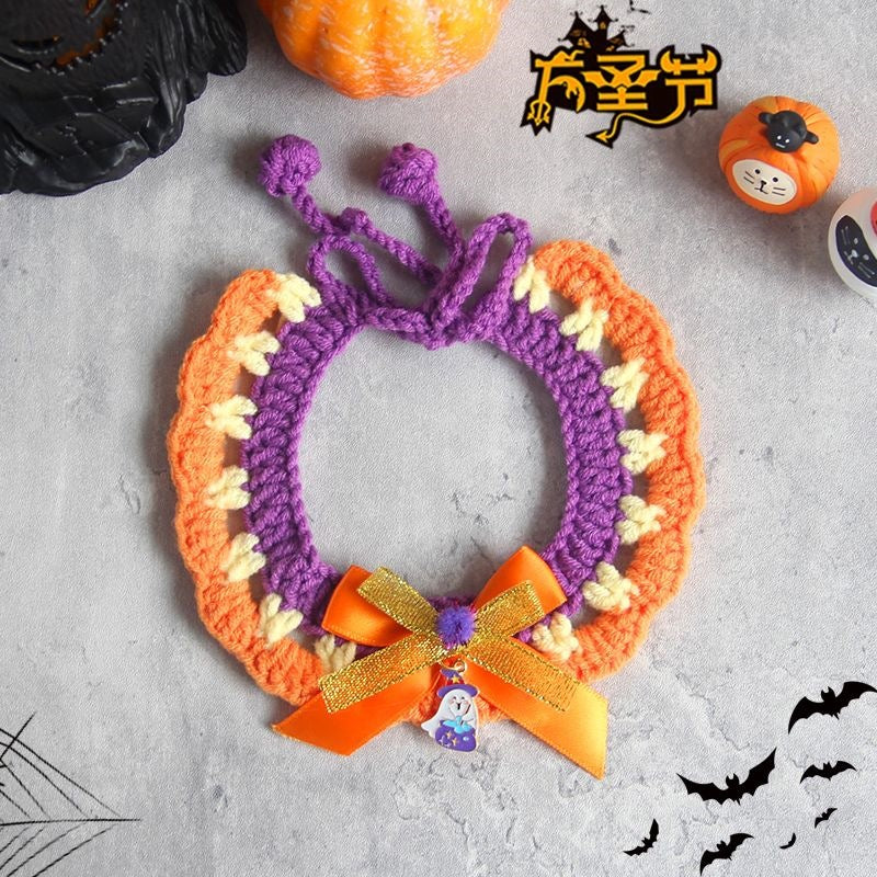 Halloween Knitted Pet Bib Bandana, Pumpkin Crochet Collar for Cats and Dogs