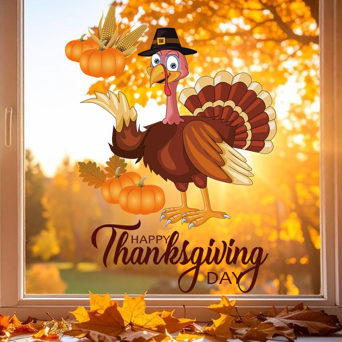 Thanksgiving Turkey Window Cling Harvest Scene Fall Family Party Glass Static Sticker