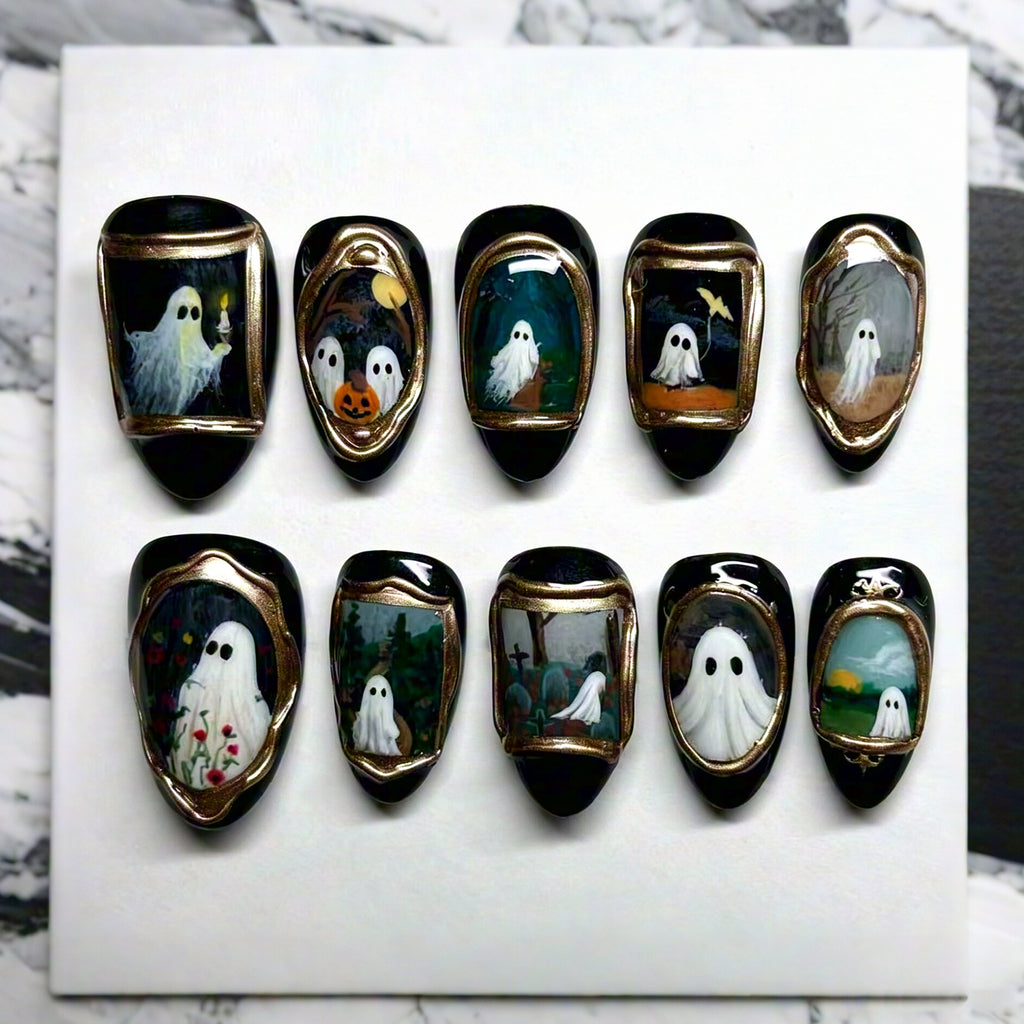 Vintage Gold Halloween Press On Nails, Sweet Gothic Ghost Style Black False Nails for Women
