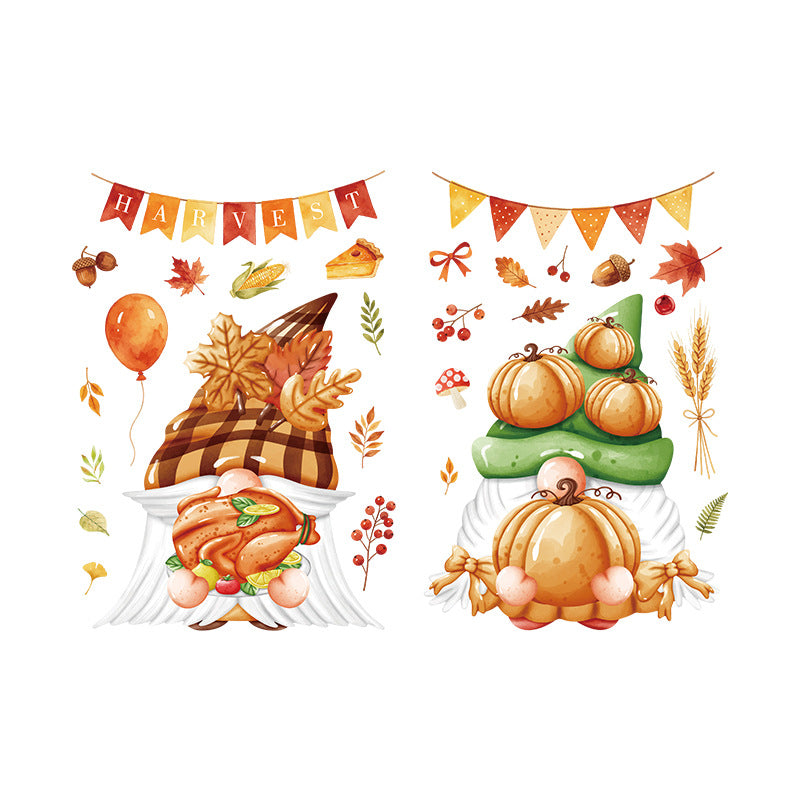 Fall Thanksgiving Static Window Stickers, Gnome Turkey Pumpkin Maple Leaf No Glue Glass Decals For Storefronts