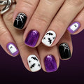 Halloween Press On Nails Short Square Glossy Purple Glitter Spider Web Ghost Bat 24 Pcs Set