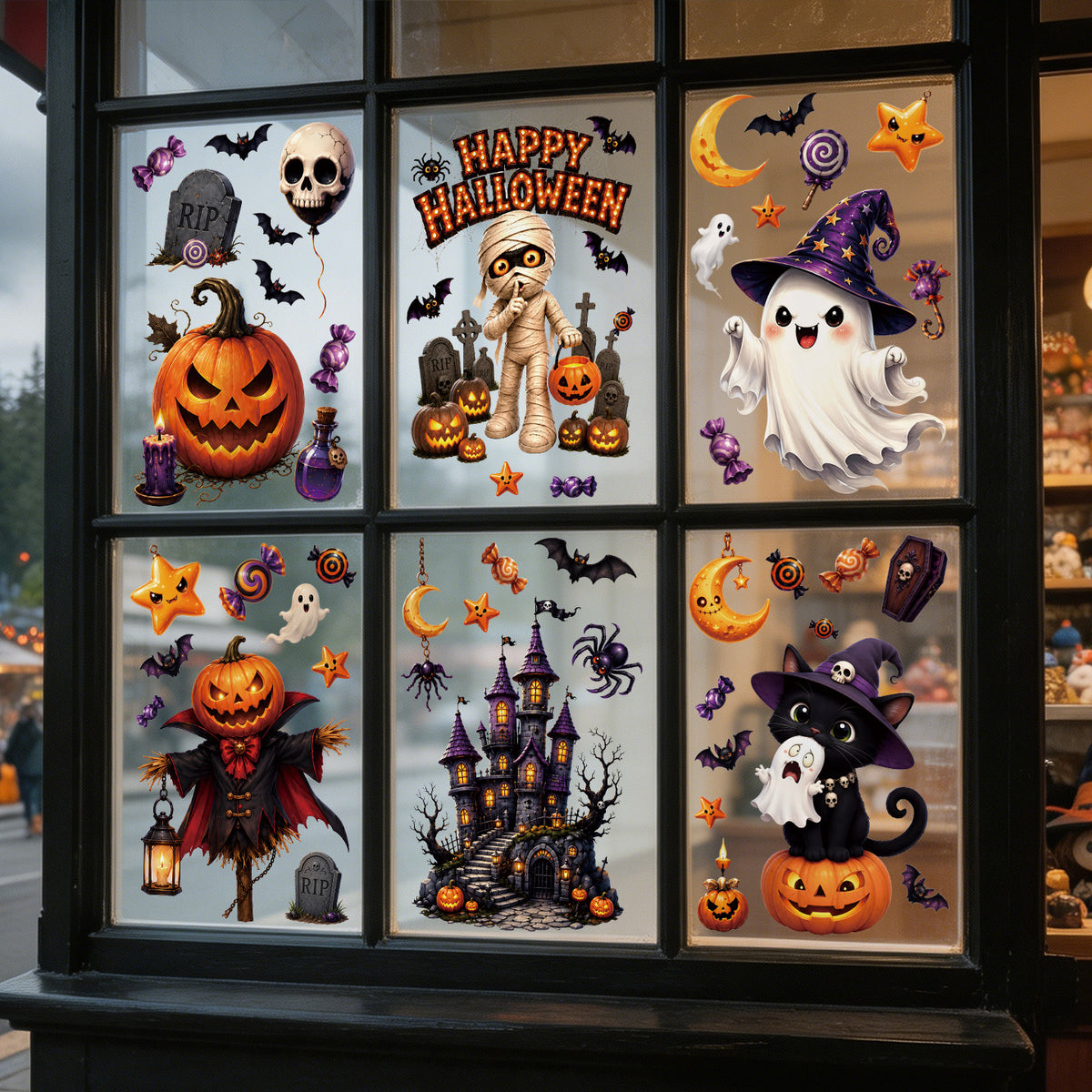 Halloween Static Window Stickers, Pumpkin Ghost Mummy Vampire Cartoon Glass Decals For Storefront Decor