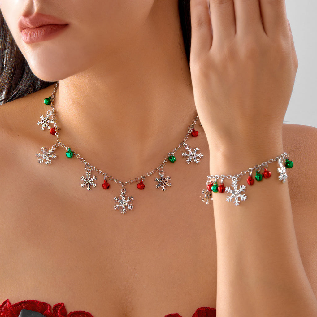 Christmas Colorful Bell Necklace and Bracelet Set, Cute Snowflake Pendant Jewelry for Women