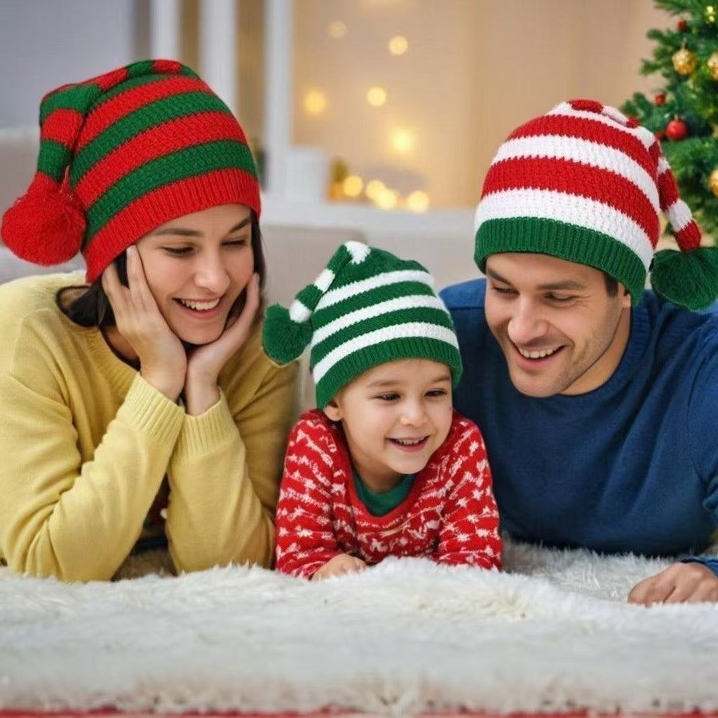 Knitted Christmas Hat Red Green Striped Pom Pom Long Tail Santa Hat Winter Gift