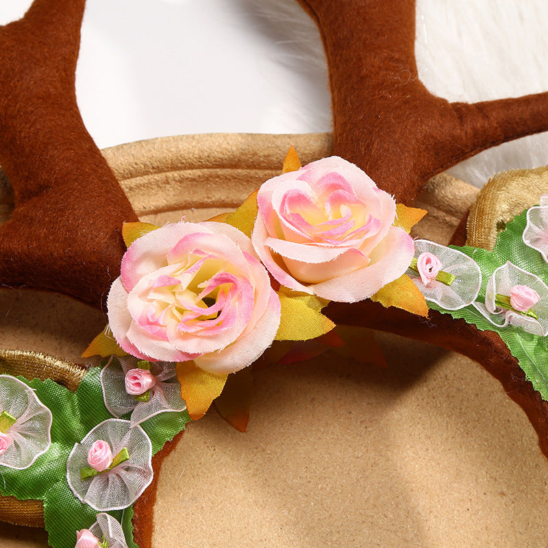 Faux Flower Reindeer Antler Headband, Cartoon Christmas Hair Accessory for Kids