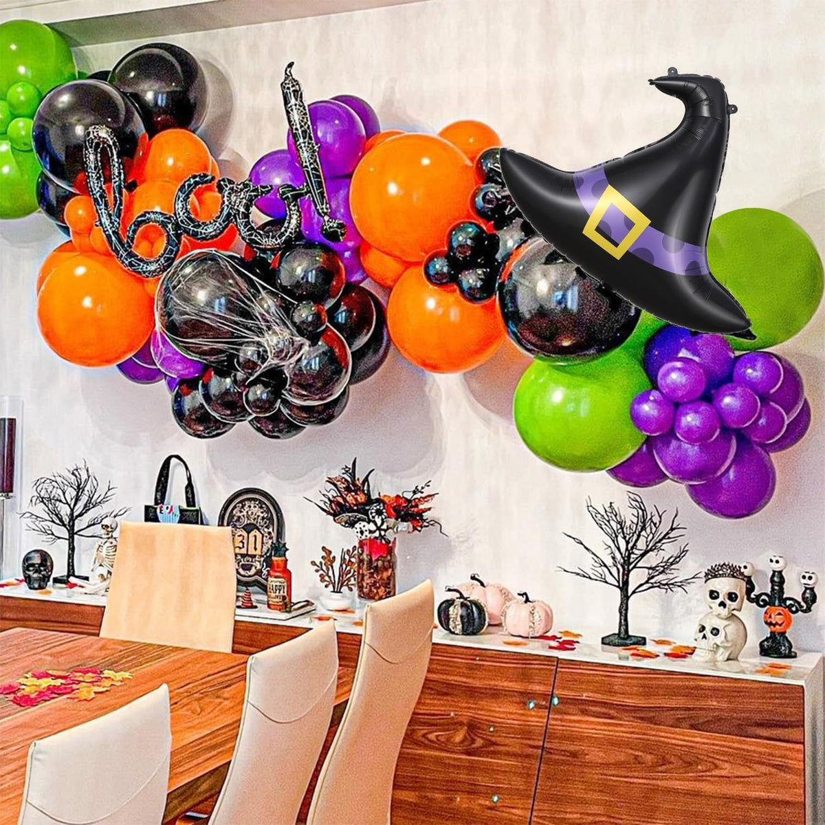 Halloween Balloon Garland Kit, Ghost Witch Hat Pumpkin Head Foil Balloons