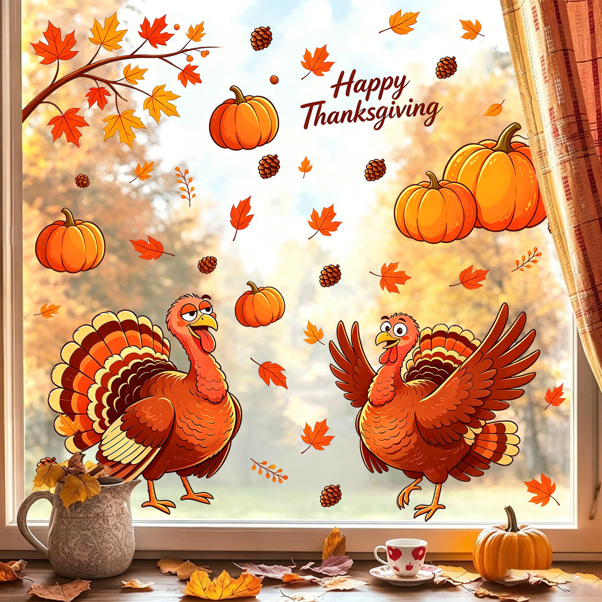 Thanksgiving Cartoon Turkey Window Clings Static Cling Sticker Set Living Room Glass Decorations