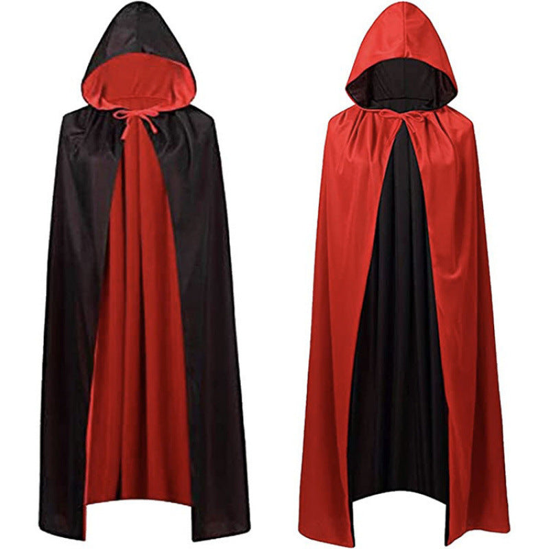Halloween Death Wizard Cape for Adults and Kids, Black Red Double Layer Vampire Cloak