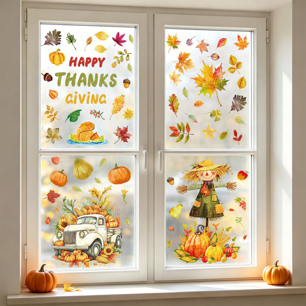 Thanksgiving Harvest Window Stickers, Maple Leaf Turkey Pumpkin Scarecrow Removable Static Cling