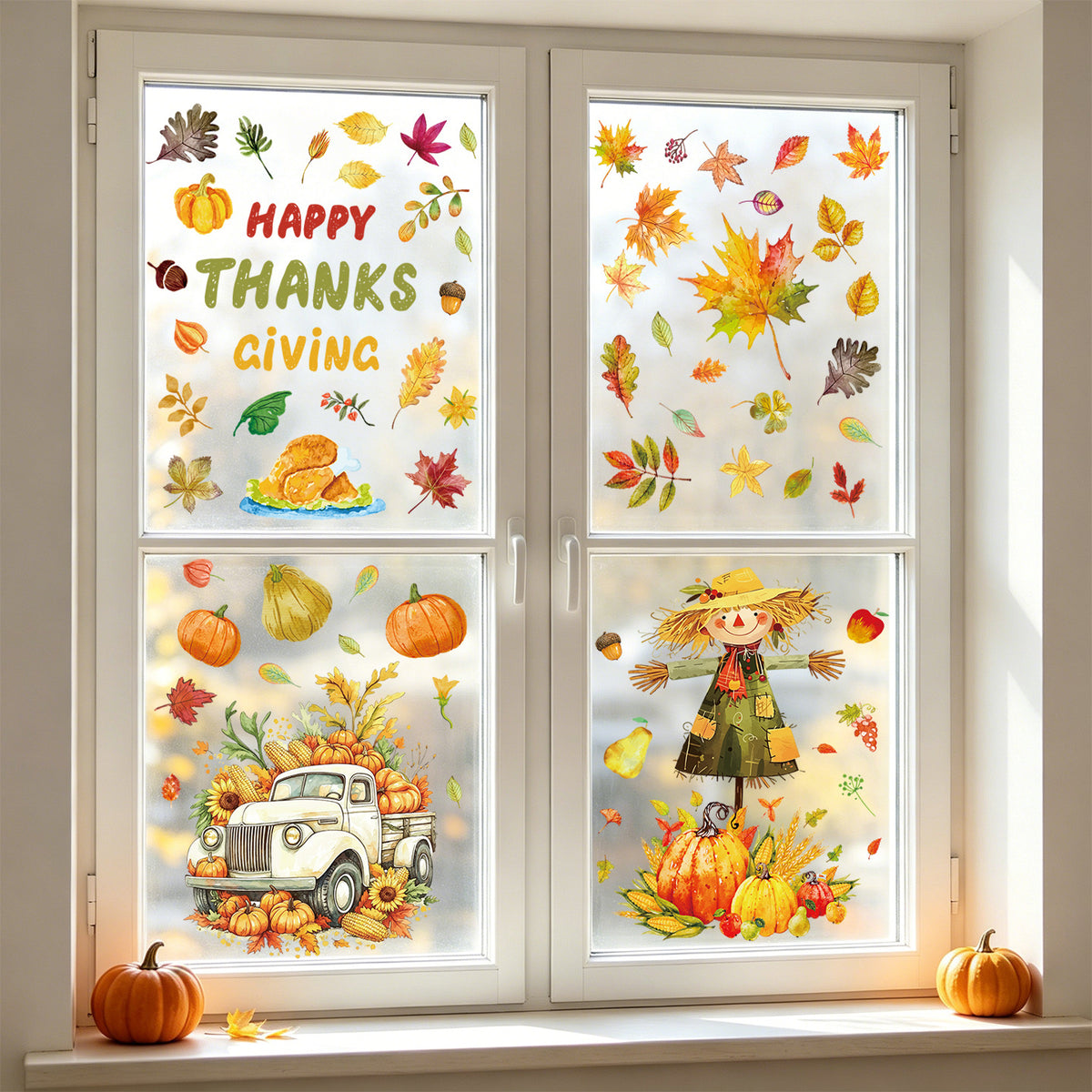 Thanksgiving Harvest Window Stickers, Maple Leaf Turkey Pumpkin Scarecrow Removable Static Cling
