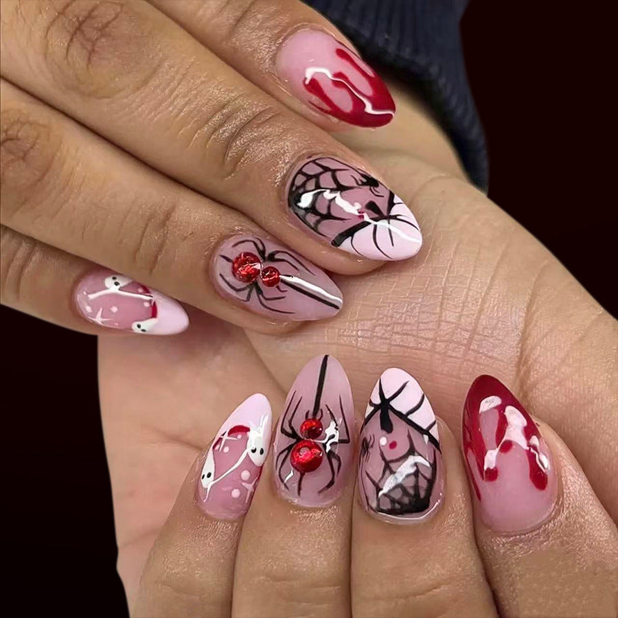 Medium Shiny Almond Halloween Press On Nails 24 Pcs, Pumpkin French Spider Web Rhinestone Ghost Blood Drip Design