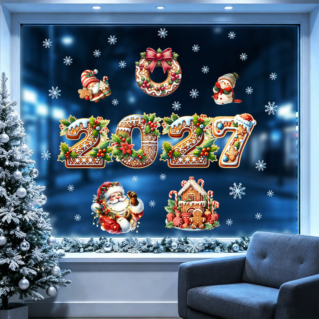 Gingerbread Christmas Static Window Clings, Holiday Glass Decorations for Living Room