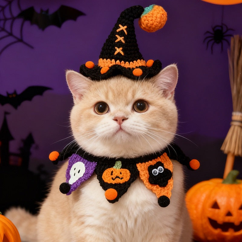 Halloween Knitted Pet Bib Bandana, Pumpkin Crochet Collar for Cats and Dogs