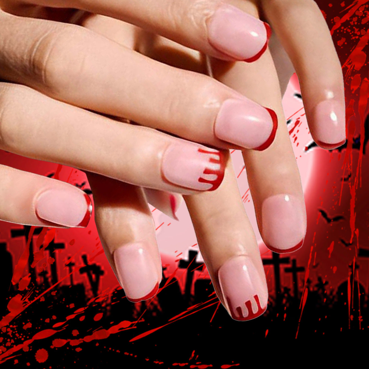 Halloween Long Coffin Press On Nails, White French Blood Drip False Nails Removable