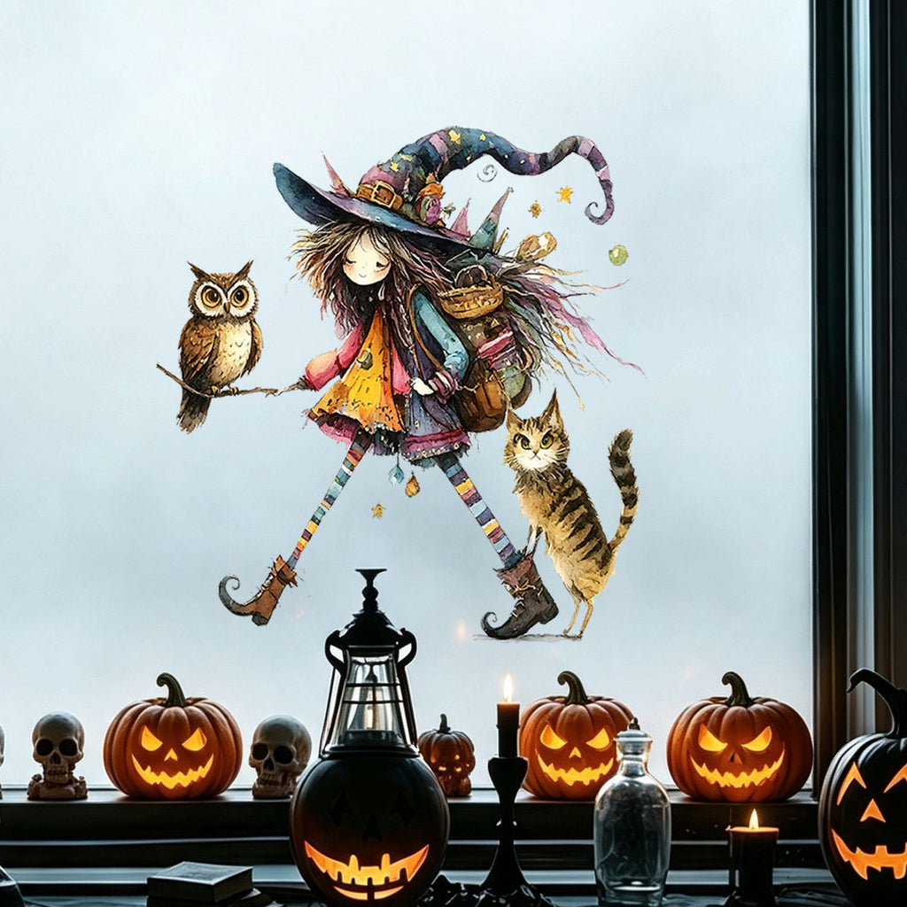 Halloween Fairytale Cartoon Witch Static Window Stickers, Kids Room Living Room Balcony Spooky Decorations