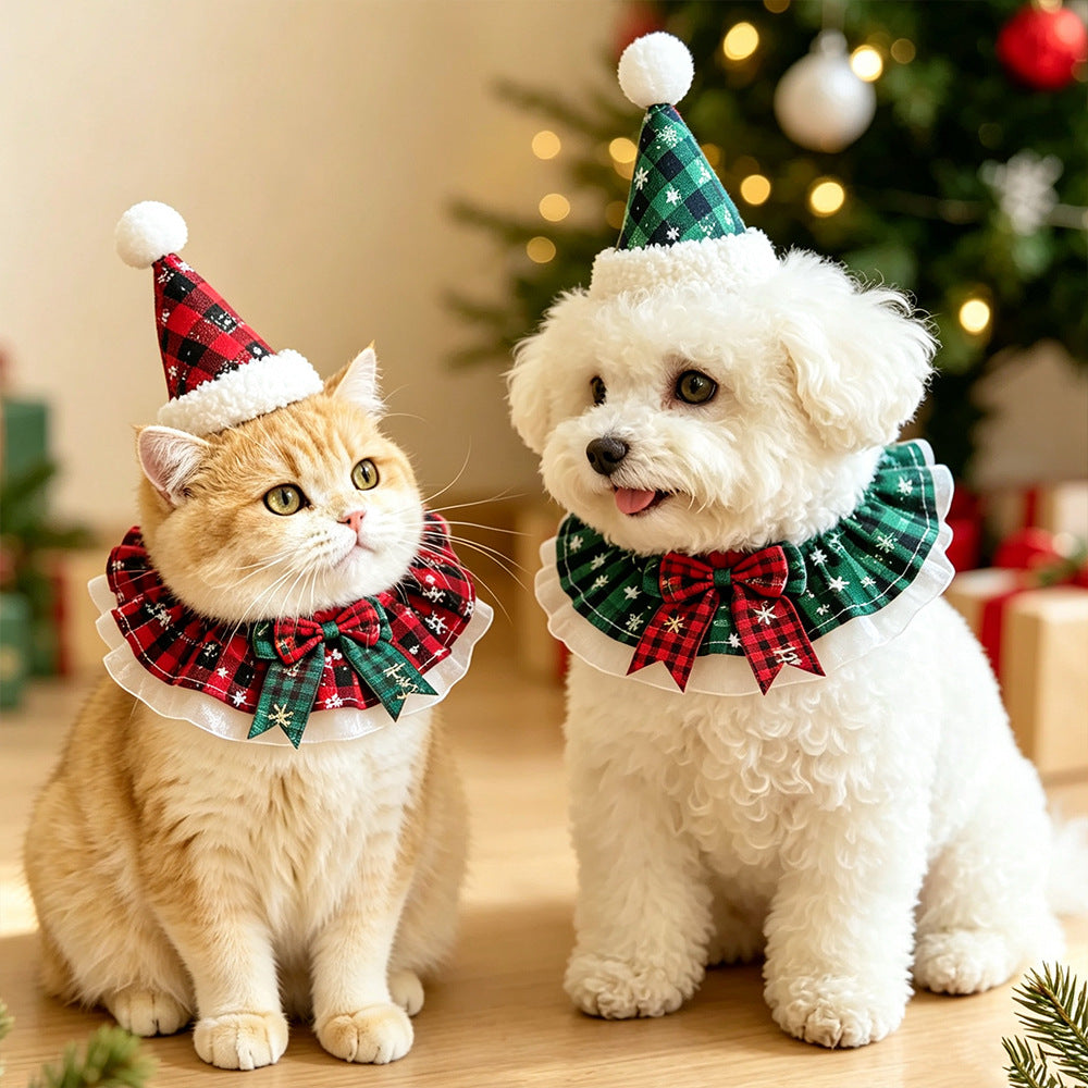 Christmas Pet Hat and Scarf Set for Cats and Small Dogs, Holiday Collar Accessories