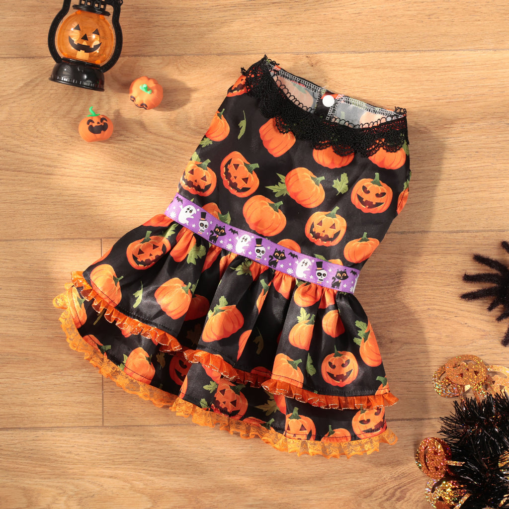 Halloween Pumpkin Lace Dress for Small and Medium Dogs, Pet Costume
