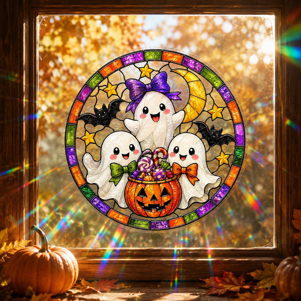 Halloween Pumpkin Ghost Window Clings, Iridescent Holographic Glass Stickers