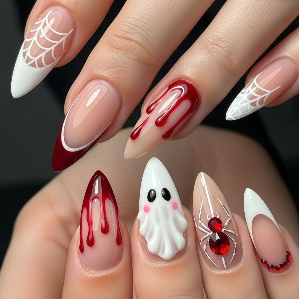 Halloween Blood Drip Ghost Press On Nails, Sweet Cool Spider Web French False Nails Eco Friendly