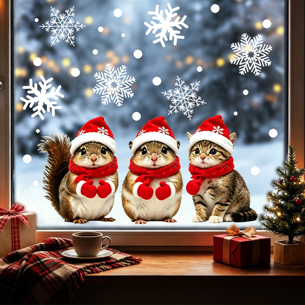 Winter Christmas Cozy Static Glass Stickers, Squirrel And Kitten Window Decals For Bedroom Balcony Windows