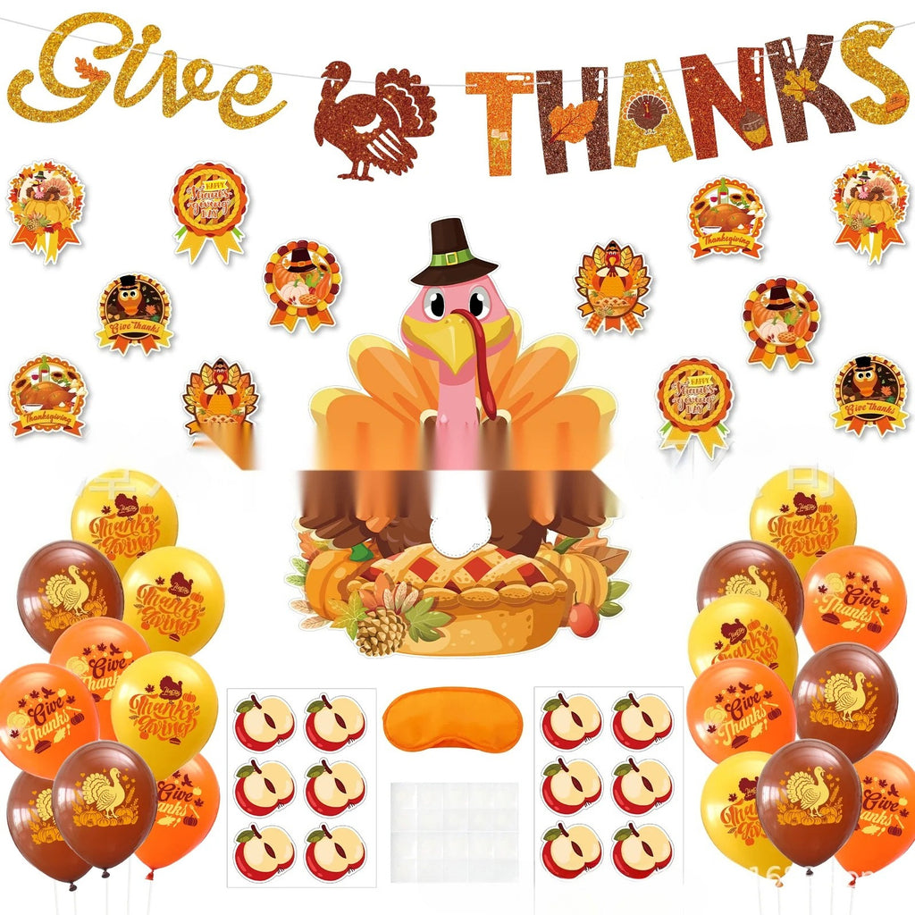 Thanksgiving Party Decoration Kit Banner Bunting Balloons Turkey Honeycomb Tabletop Decor Set