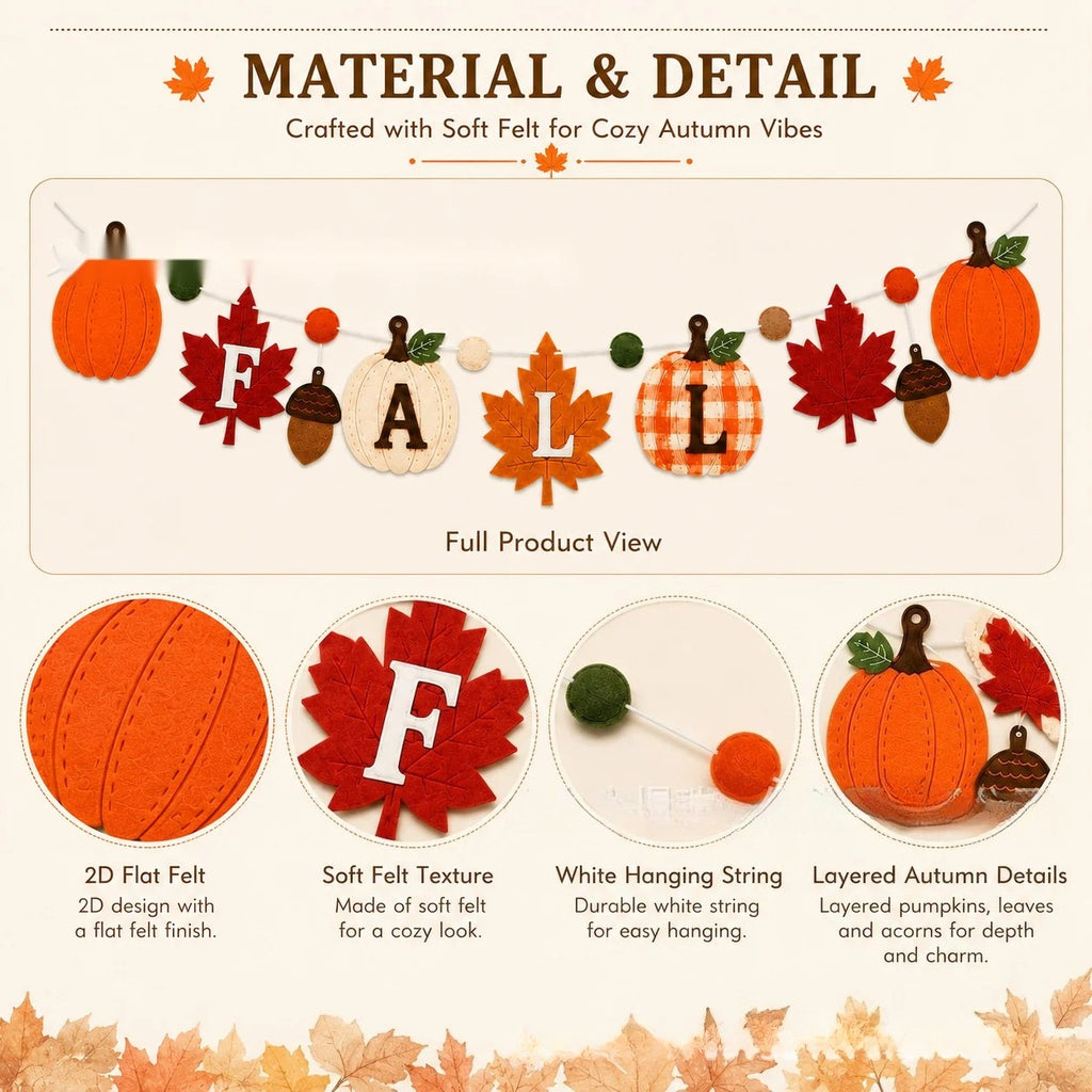 Thanksgiving Felt Banner Garland Maple Leaf Pumpkin Harvest Decorations Fall Party Hanging Bunting