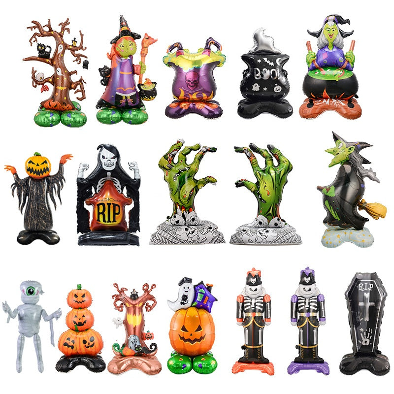 4D Halloween Foil Balloon Stands Set, Ghost Tree Skull Pumpkin Standing Balloon Decorations