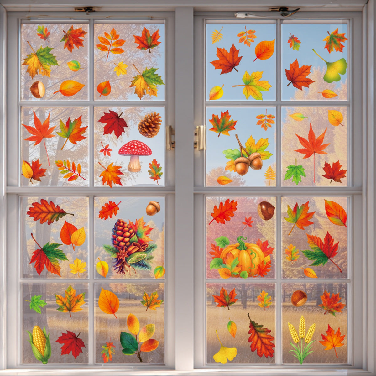 Thanksgiving Maple Leaf Pinecone Window Clings Creative Static Stickers Storefront Scene Decor