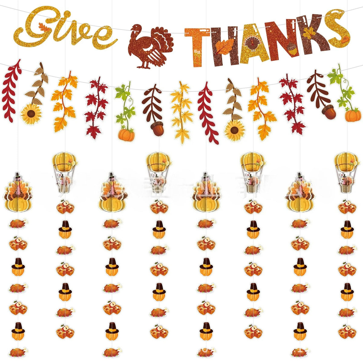 Thanksgiving Party Decoration Kit Banner Bunting Balloons Turkey Honeycomb Tabletop Decor Set