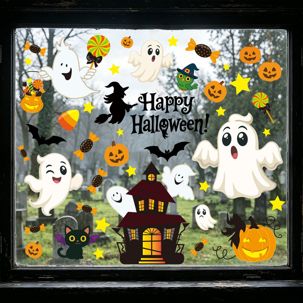 Cute Halloween Ghost Static Window Stickers, Pumpkin Witch Candy Black Cat Glass Decals For Haunted House Decor
