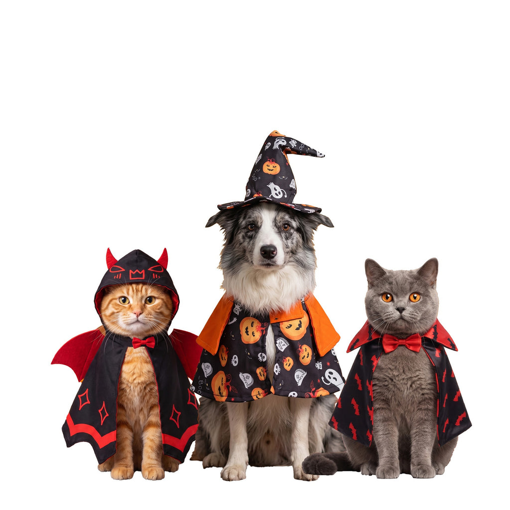 Halloween Pet Costume Set, Pumpkin Cape with Witch Hat for Cats and Dogs