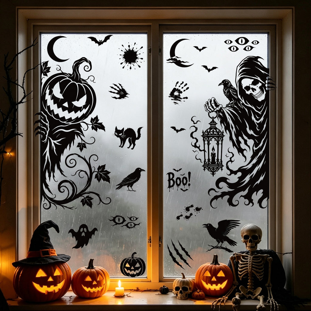 Halloween Grim Reaper Bat Static Cling Stickers, Black Horror Glass Decals For Storefront Scene Decor