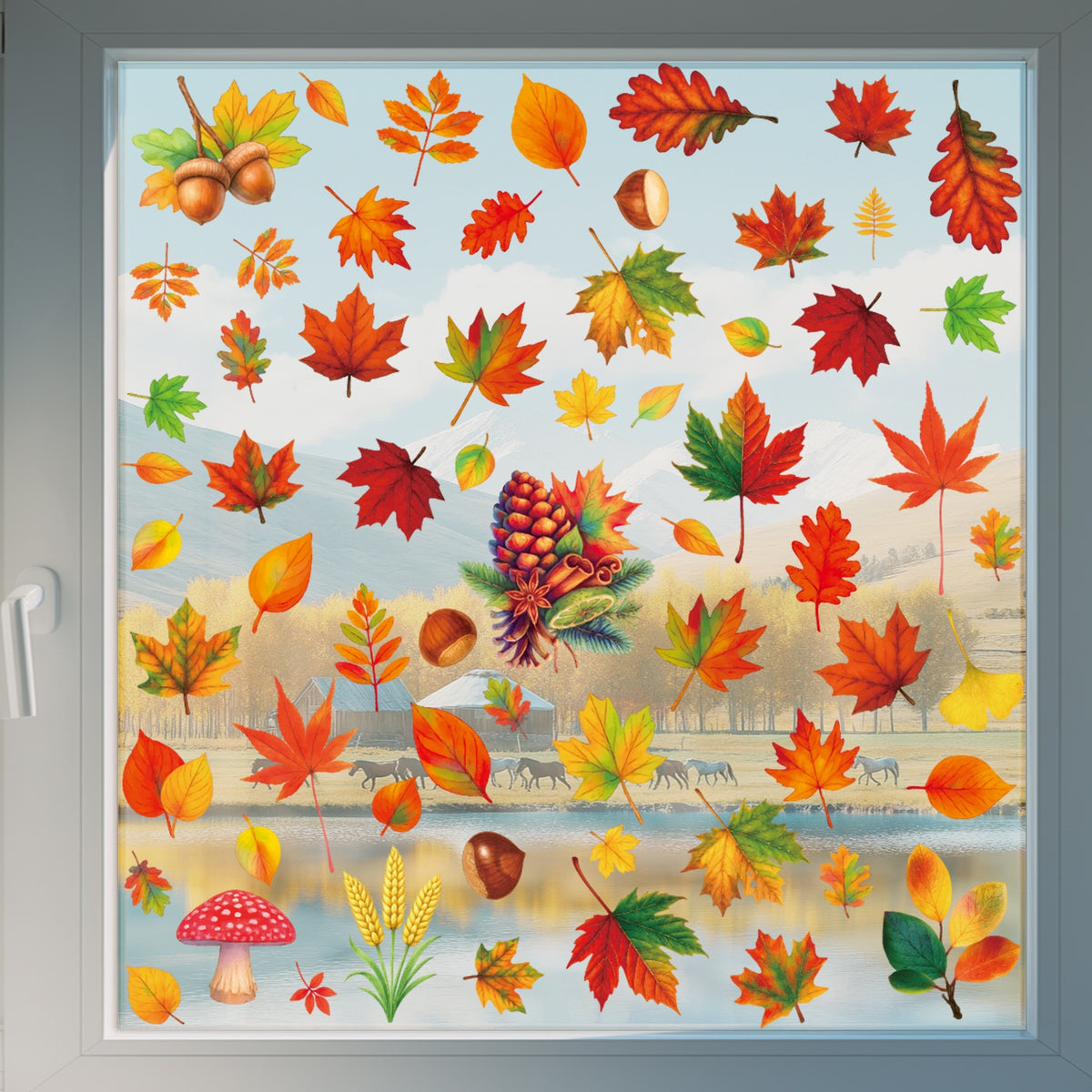 Thanksgiving Maple Leaf Pinecone Window Clings Creative Static Stickers Storefront Scene Decor