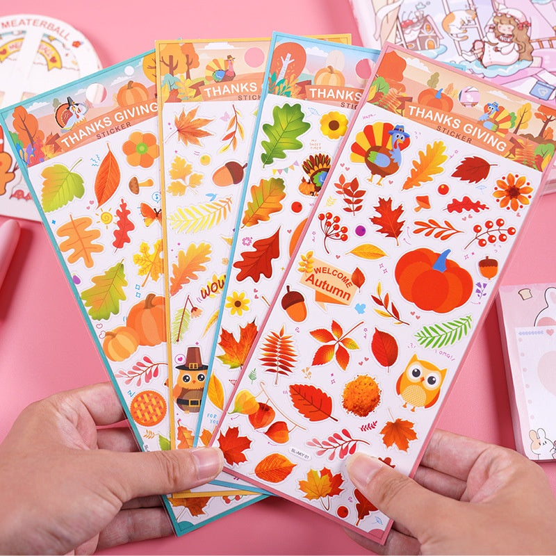 Thanksgiving Fall Maple Leaf Turkey Stickers for Kids Cartoon Holiday Decorative Sticker Pack
